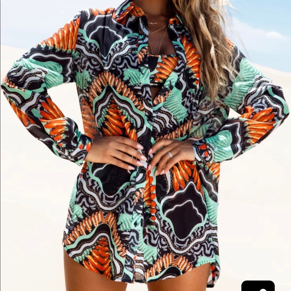 Tribal print beach button up sheer
